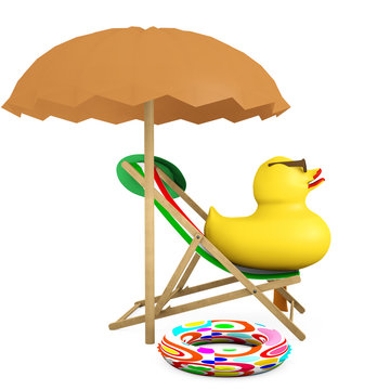 Squeaker duck sitting in the wooden deck chair