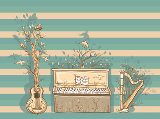 Vector illustration of live music with guitar, piano, harp.