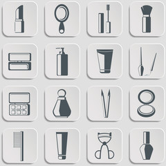Cosmetics vector icons set on gray.