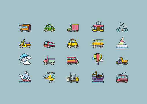 Kinds of Transport Set Colorful Outline Icons