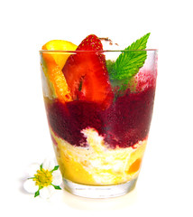 Mixed ice cream with fruits isolated .