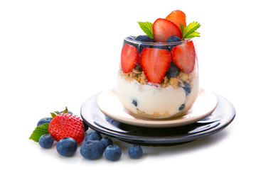 Fresh Yogurt with strawberries and blueberries.