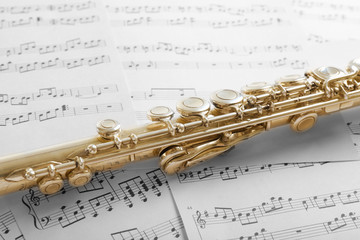 Obraz premium Flute on music notes background