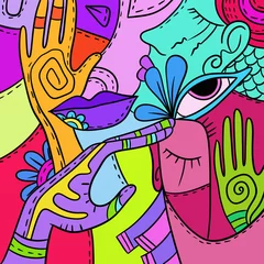 Deurstickers Klassiek abstract gekleurd abstract met gezichten en handen