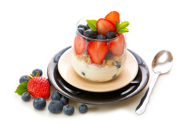 Fresh Yogurt with strawberries and blueberries.