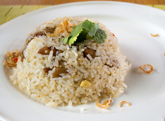 pork fried rice on top with deep onion fried