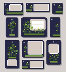 Tags, labels, green, yellow leaves on dark blue background, ecology, nature. 