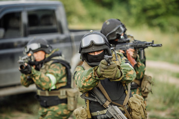 Russian special forces operators in uniform and bulletproof vest