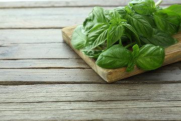 Green fresh basil on wooden background