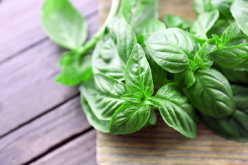 Green fresh basil on wooden background