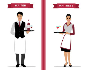 Waiter and waitress with trays
