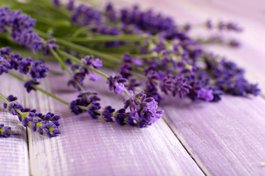Lavender flowers on table close up