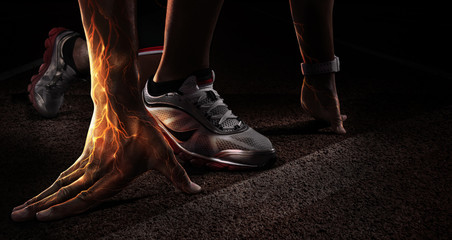 Sport. Runner. Hands on starting line. Power in the veins. Fire and energy
 - obrazy, fototapety, plakaty