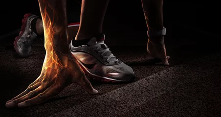 Tuinposter Sport. Runner. Hands on starting line. Power in the veins. Fire and energy   © vitaliy_melnik