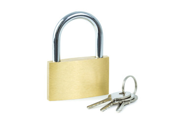 Naklejka premium Close-up of a locked padlock and keys, isolated on white background