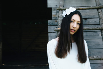 Fototapeta premium Girl climbing ladder into tree house