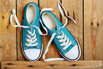 sneakers on wood