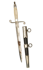 Imperial Russian WWI dagger / sword with ivory handle and leather sheath. Isolated on white.