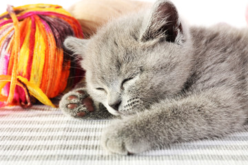 Fototapeta na wymiar Cute gray kitten with colorful balls of thread on striped carpet, closeup