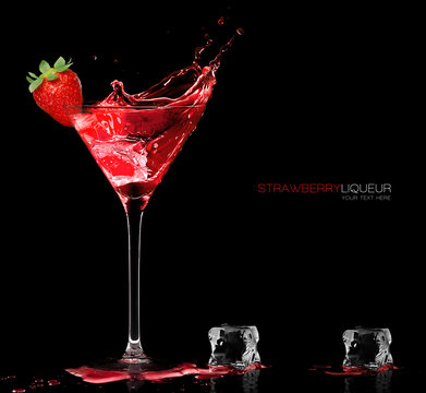 Stylish Cocktail Glass with Strawberry Liquor Splashing. Party Concept