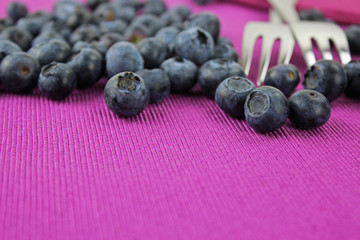 Blaubeeren mit zwei Gabel für Dessert auf lila Serviette