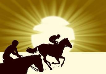 Caballos, carrera, equitación, sol, ilustración