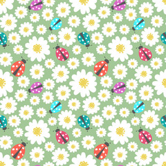 Seamless floral vector pattern with ladybug
