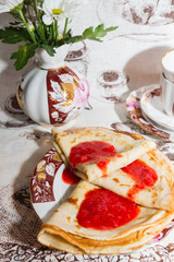 Pancakes with fresh strawberry jam for Breakfast