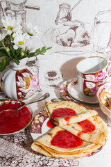 Pancakes with fresh strawberry jam for Breakfast