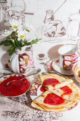 Pancakes with fresh strawberry jam for Breakfast
