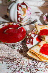 Pancakes with fresh strawberry jam for Breakfast