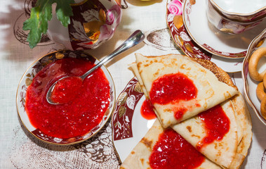 Pancakes with fresh strawberry jam for Breakfast