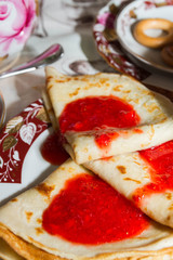 Pancakes with fresh strawberry jam for Breakfast