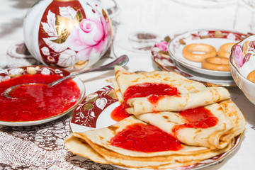 Pancakes with fresh strawberry jam for Breakfast
