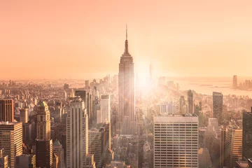 Tableaux ronds sur plexiglas Anti-reflet New York Horizon de New York City Manhattan au coucher du soleil.
