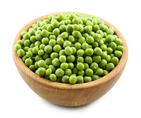 Fresh green peas in bowl isolated on white