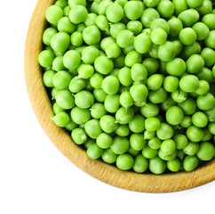 Fresh green peas in bowl isolated on white