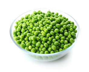 Fresh green peas in bowl isolated on white