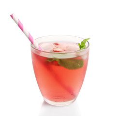 Glass of strawberry juice isolated on white