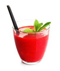 Glass of strawberry smoothie with mint isolated on white