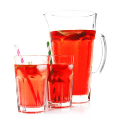 Full jug and glasses of strawberry juice isolated on white