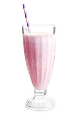 Glass of milkshake with strawberries isolated on white
