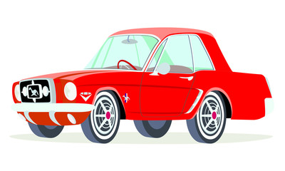 Obraz premium Caricatura Ford Mustang coupé rojo vista frontal y lateral