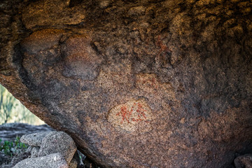 Cave paintings belong to the Chalcolithic period. In the third millennium BC.  Photographed in a small cave in the Natural Area of Los Barruecos. Malpartida de Caceres. Spain. © Eduardo Estellez