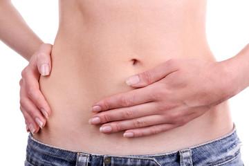 Naklejka premium Young girl with abdominal pain close up