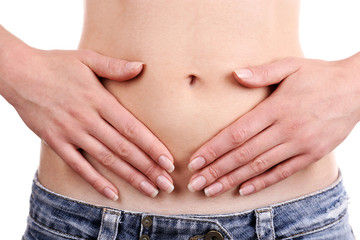Naklejka premium Young girl with abdominal pain close up