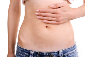 Naklejka premium Young girl with abdominal pain close up