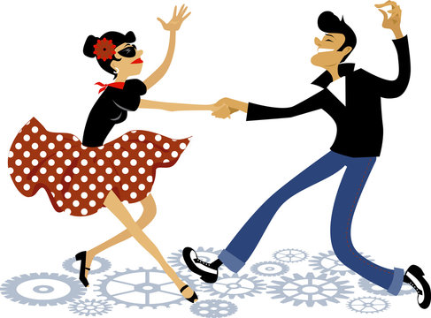 Cartoon couple dressed in rockabilly style fashion, dancing rock and roll, vector illustration, no transparencies, EPS 8