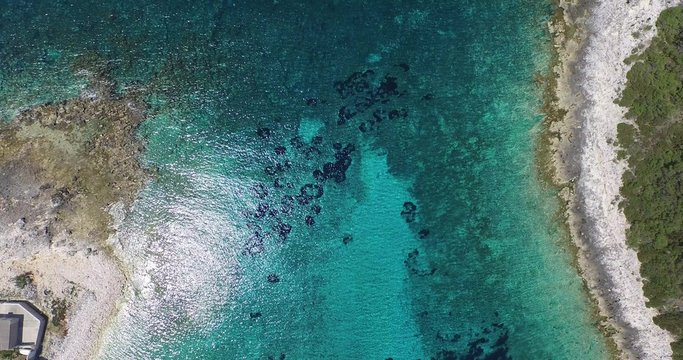 Escena aérea, en planta con dron de costa paradisiaca, orilla. Texturas marinas, turquesa, agua transparente, costa rocosa, corales. Croacia. Cámara viaja lentamente hasta catamarán.