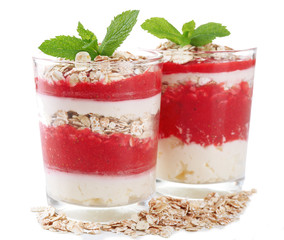Dessert with fresh strawberry, cream and granola, isolated on white